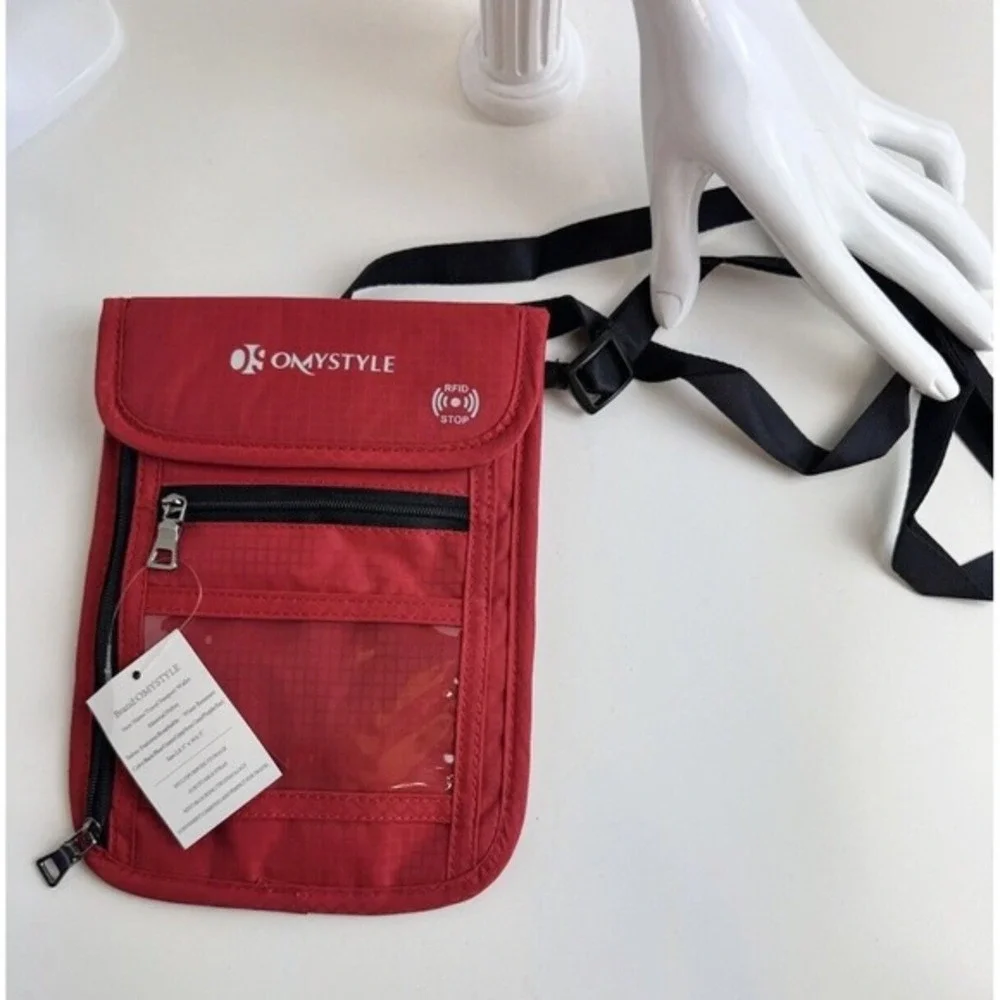 OMYSTYLE RFID Blocking Travel Passport Wallet Neck Pouch Red Nylon Crossbody J-0